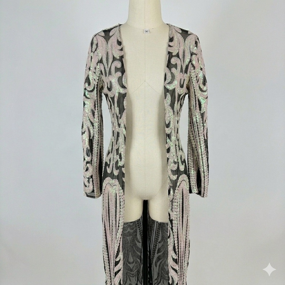 Southern Fried Chics Womens XS Iridescent Sequin Mesh Duster Cardigan Black Pink